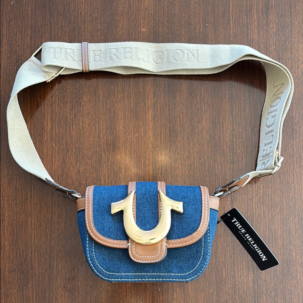 NWT True Religion Denim Crossbody Bag with Brown Trim